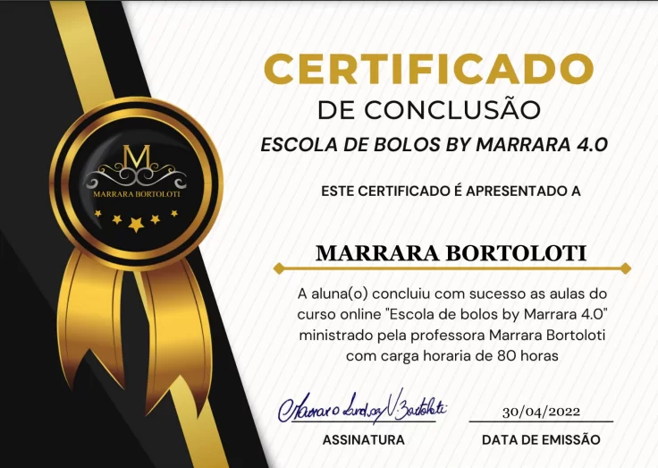 Certificado do curso de confeitaria em Tanguá RJ